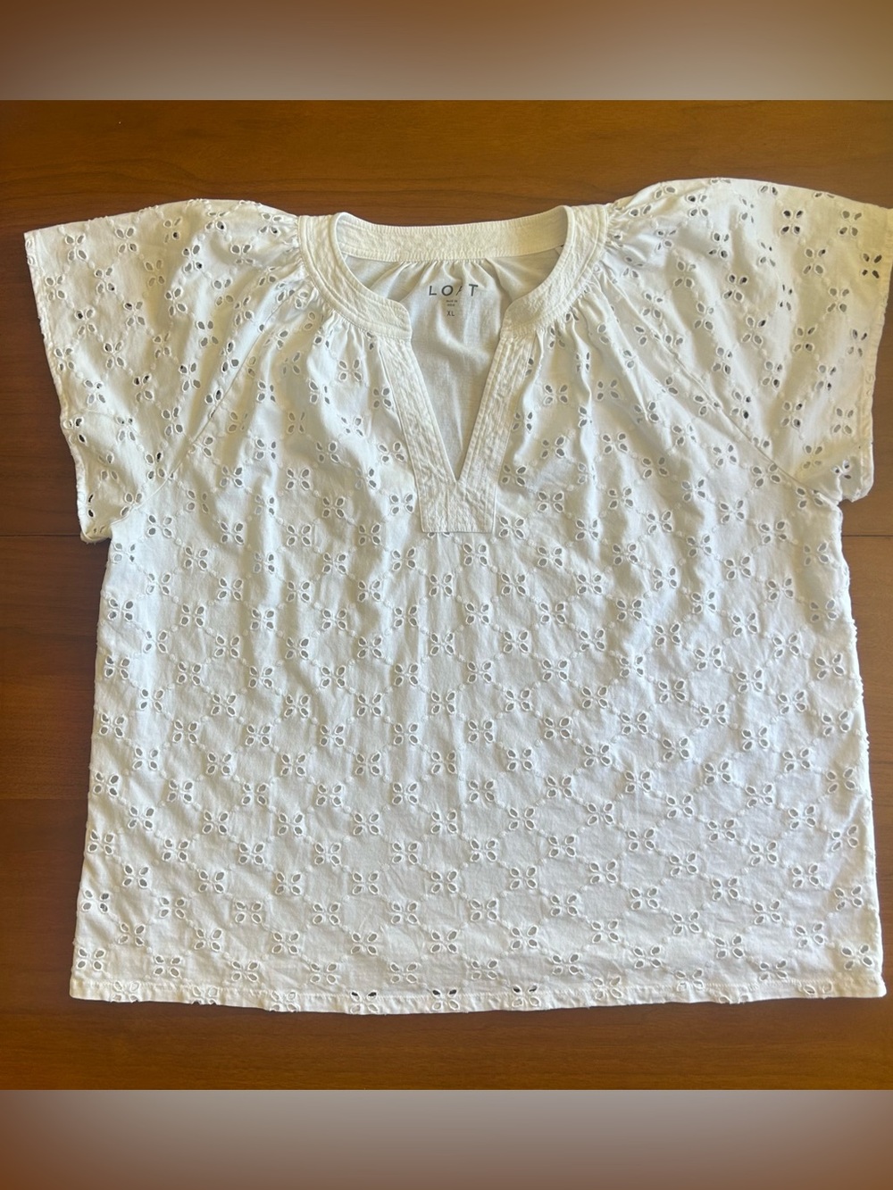 LOFT White Eyelet Split V-Neck Short Sleeve Blouse